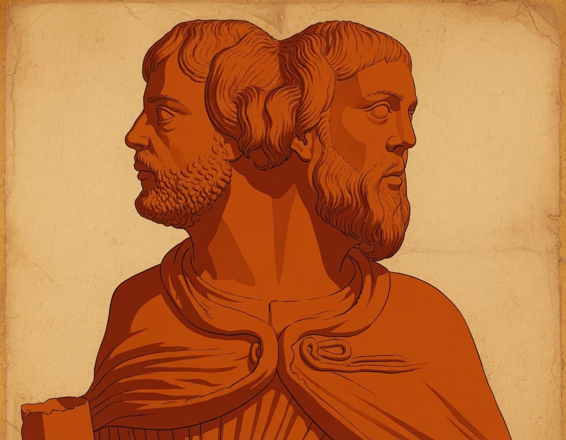 Engraving of Janus, Roman god of thresholds, with two faces looking opposite ways