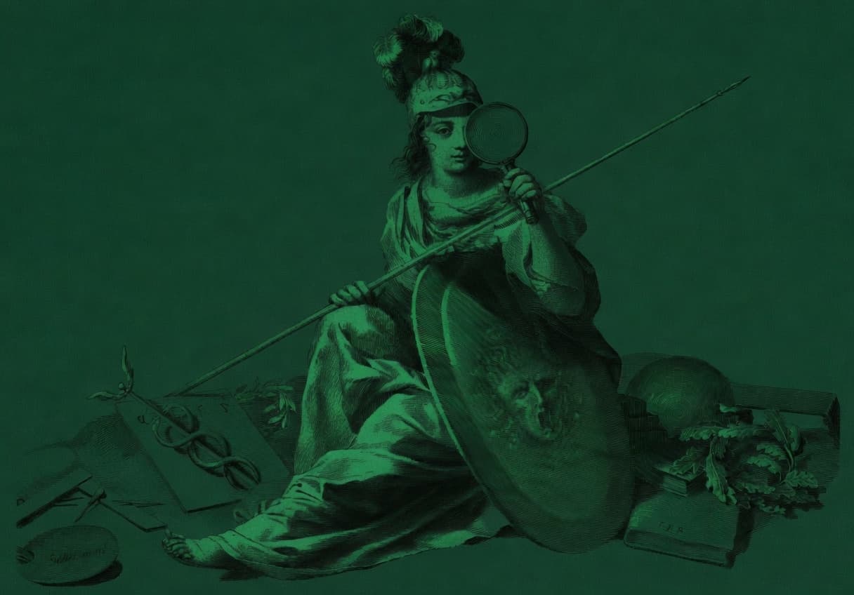 Engraving of Minerva, Roman goddess of wisdom, holding a mirror and shield