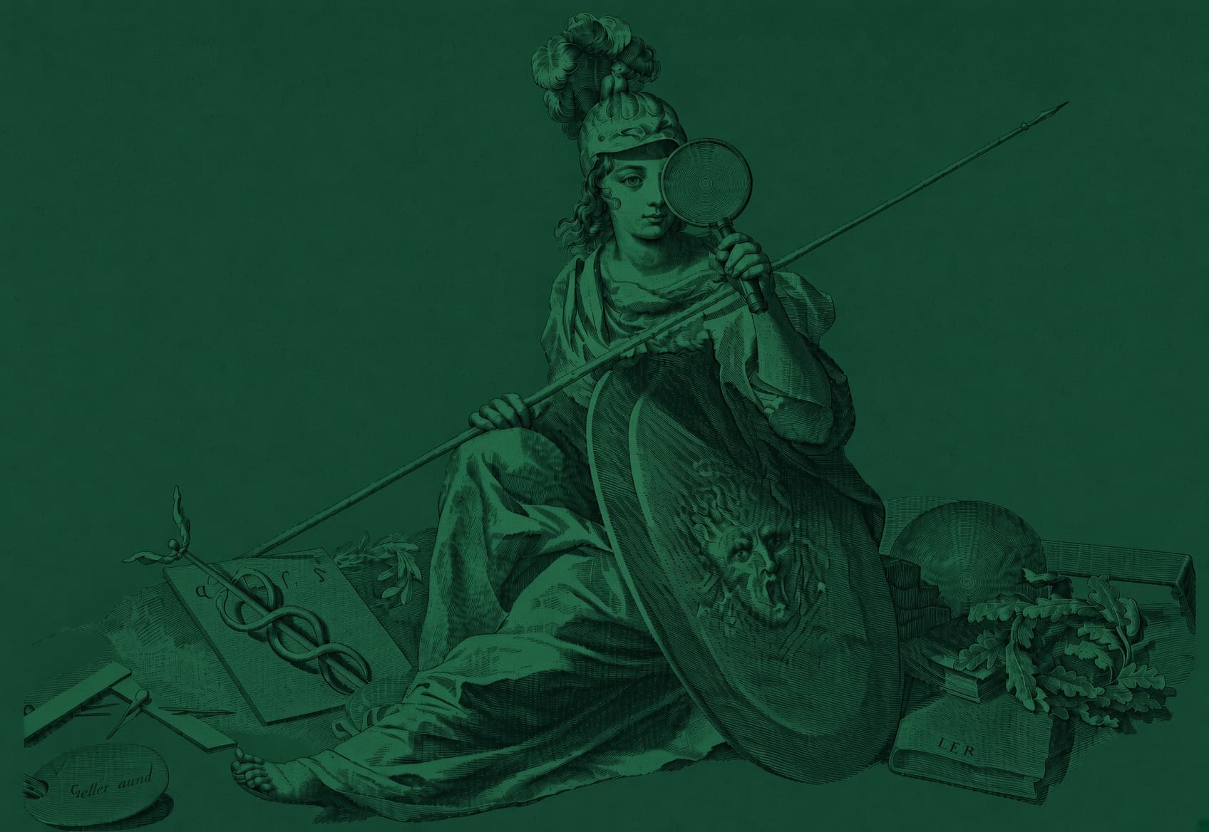 Engraving of Minerva, Roman goddess of wisdom, seated with a mirror, spear and shield